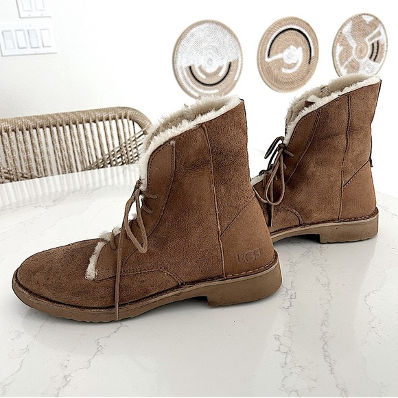 Ugg Quincy Desert Boot Bootie Lace Up Suede Shearling Cabincore Boho Tan Size 9 - Picture 6 of 10